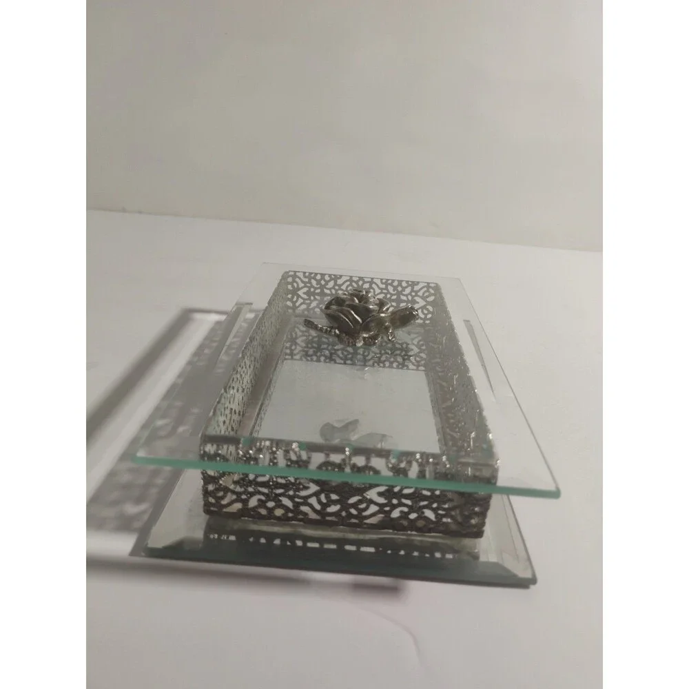 Vintage Studio Silversmiths Rose Filigree Beveled Glass Mirrored Jewelry Box